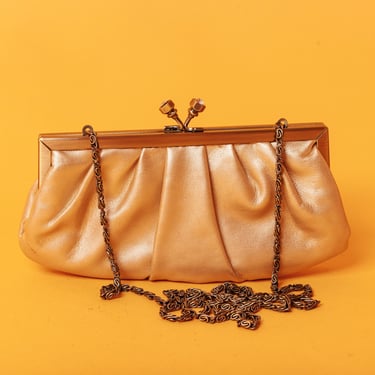 80s Cream Beige Leather Metallic Frame Clutch Purse Vintage 1980s Chain Strap Evening Bag 