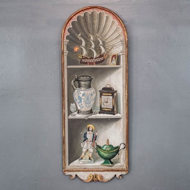 Vintage Italian Hand Painted Trompe L'Oeil Panel Featuring Stylized & Dressed Shelves w/ Various Motifs Including a Galleon Ship
