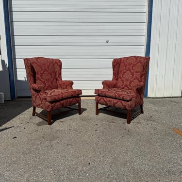 Pair of Chippendale Style Straight-Leg Fireside Wingback Chairs 