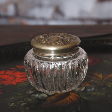Vintage vanity jar / French bedroom /  Art Nouveau Repousse floral lid dresser jar / crystal glass Victorian trinket powder jar 