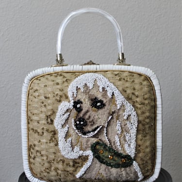 Vintage 1950's 60s Poodle purse dog Faye Mell Miami Beaded Wicker Handbag bag Lunch Pail Box Lucite Handles 