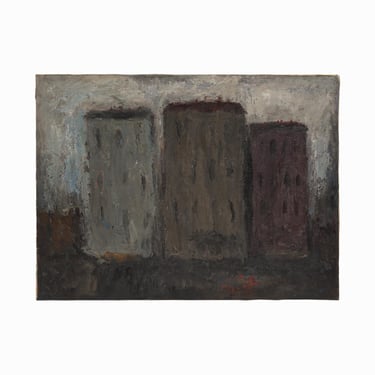 1940s Expressionist Oil Painting on Canvas Abstracted City Skyline Buildings Mid Century Modern 