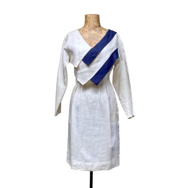 Vintage 1980s Salvatore Ferragamo Sculptural Linen Dress, 80s Ivory and Navy Minimalist Avant Garde Dress, Small 34