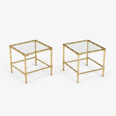 Pair of Hollywood Regency Faux Brass Bamboo & Glass Side Tables, c.1960’s 