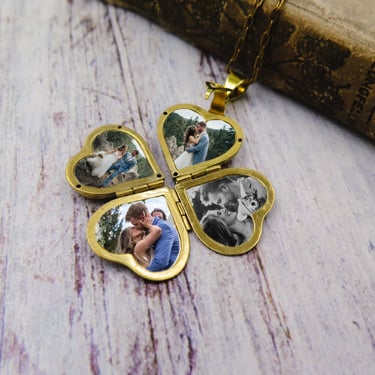 Personalized Heart Locket Necklace, 4 Photo Locket, Memorial Keepsake, Gold Heart Necklace, Nostalgia Gift for Her 