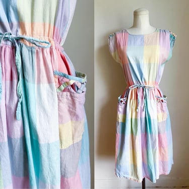 Vintage 1980s Pastel Madras Plaid Cotton Dress / S 