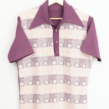 Vintage 70’s Men’s Unlabelled Purple and Pink Knit Polo Shirt, Approx. M 