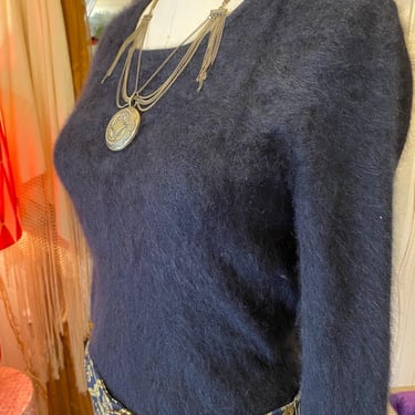 vintage y2k black angora sweater, fuzzy pullover, fitted soft knit top, pin up m 