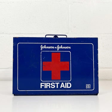 Vintage Metal First Aid Kit Johnson & Johnson Industrial Bathroom Medicine Cabinet 1970s 