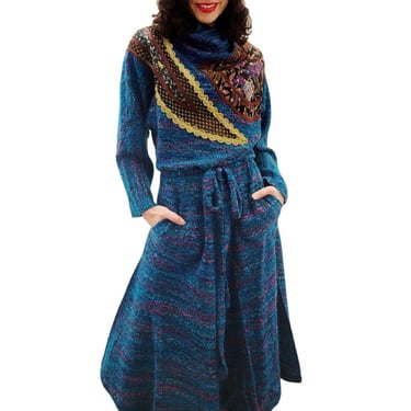 Vintage 1980s KOOS Van Der AKKER Dress Blue Green Knit Floral Applique Gold Trim 