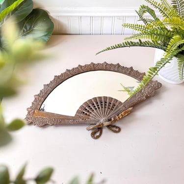 Vintage 1920s Brass Fan Vanity Mirror, Art Nouveau Tabletop Dresser Mirror 