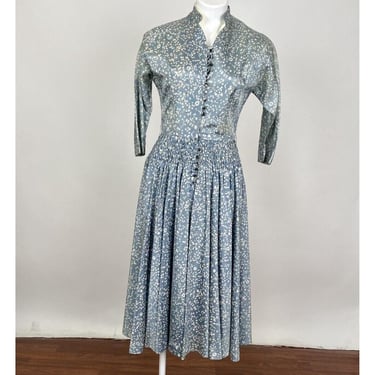 Vintage 1940s Blue Silk Acetate Dress with Smocking Details floral pattern AS IS 