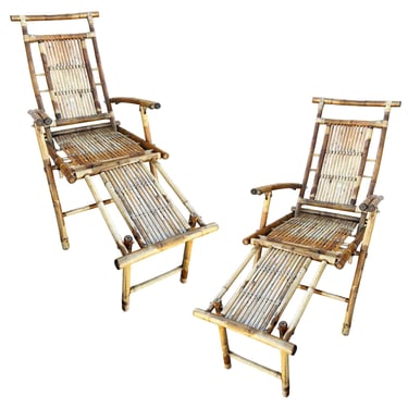 Restored Aesthetic Movement Tiger Bamboo Garden/Patio Fold Lounge Recliner, Pair 