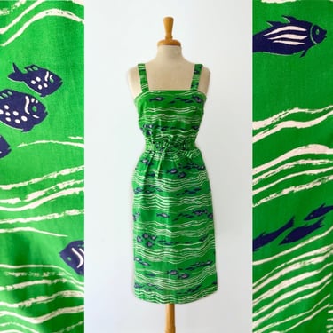 60’s Green Fish Print Midi Sun Dress
