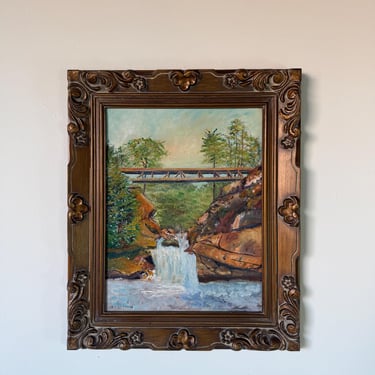 Vintage Irv Latimer Waterfall Landscape Oil on Masonite Board Painting – Framed 