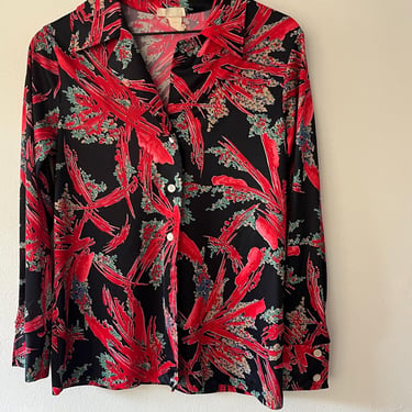 funky 70s button up blouse / 1970s blouse / psychedelic shirt / 70s unisex / vintage hippy shirt / vintage long sleeve festival shirt 