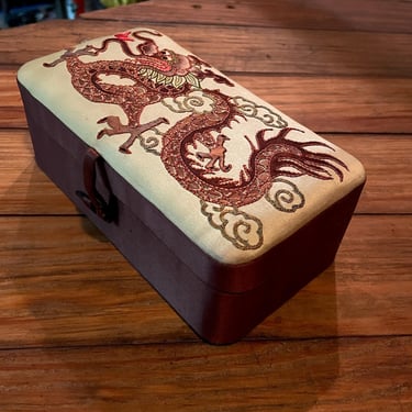 Vintage Embroidery Dragon on Silk / Satan Covered Jewelry Box Latch Asian Chinese Japanese Chinoiserie Korea 1950s 1960s 1970s 