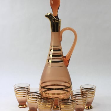 1950s Handmade Bohemian Decanter and Glass Set 