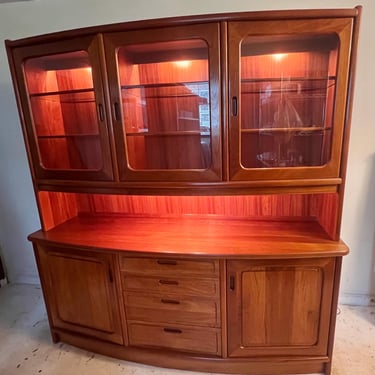 Danish Mid Century Modern Teak China Cabinet With Lights Bow Front 