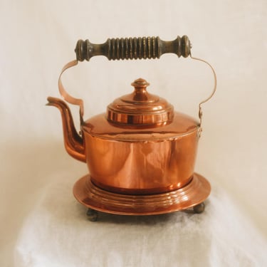 Vintage Copper Tea Pot Kettle with Matching Trivet | Wood Handle Tin Lined Teapot | Cottage Farmhouse Kitchen Decor 