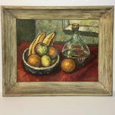 Vintage Signed Oil Painting – “Life on Red” – Still Life Fruit & Bottle by Carol C. Stoddard 