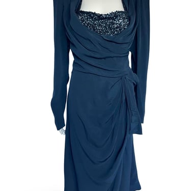 Vintage 1940's Plunging Neckline Black Rayon LBD Sequined Bust Draped Cocktail Dress - size Medium 