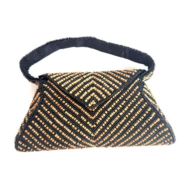 S Malhan Beaded Small Purse, Vintage Brown and Black Beaded Mini Purse, Beaded Envelope Clutch, 90s Beaded Purse, Top Handle Purse 