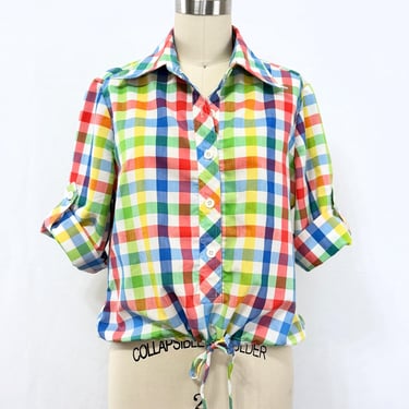 Vintage 70s Drawstring Bottom Blouse | Rainbow Plaid Collared Shirt | Size 12 