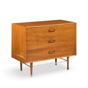 Paul McCobb Style Furnette Mid Century Walnut and Brass Three Drawer Dresser - mcm 