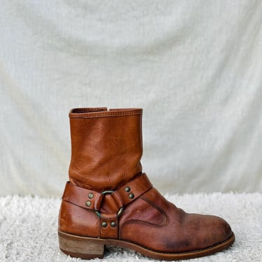 Vintage Brown Leather Harness Ankle Boots, Chestnut Brown, Goodyear Welt, Rubber Sole, Zipper Boots, Mens Size 11 D, Talon Zipper 