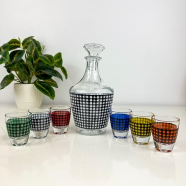 Vintage French Liqueur Service, Black & White Houndstooth Decanter w/6 Shot glasses 