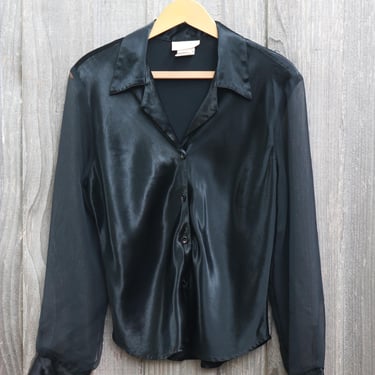 Vintage 90's Black Button Down Blouse Sheer Long Sleeves by Maurices 