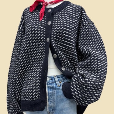 Vintage L.L. Bean Birdseye Knit Cardigan 1980s Retro Womens Size Large + Navy Blue and White + Wool/Rayon Mix + Metal Snowflake Buttons 