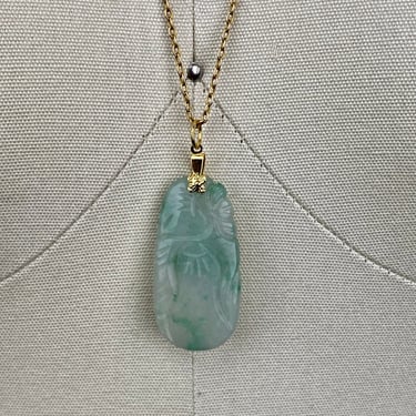 Vintage Carved Jade Bamboo Pendant with Gold Findings Marbled Green Jadeite Estate 