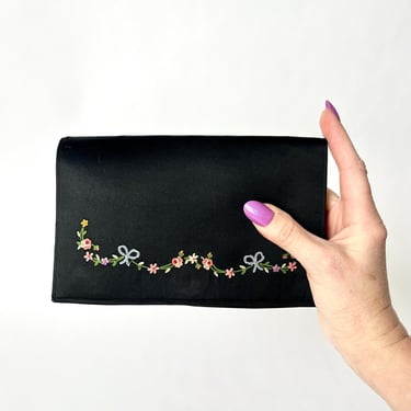 Vintage Clutch Purse Evening Bag Satin Black Petit Point Embroidery Handmade Paris 