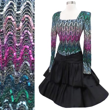 Vintage 80s Rainbow Sequins Metallic Long Sleeve Tiered Hi Lo Full Skirt Cocktail Party Black Taffeta Prom Dress M Medium Dance Costume 