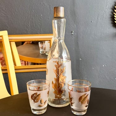 Golden Foliage" frosted decanter and (2) matching tumblers by the Libbey Glass
