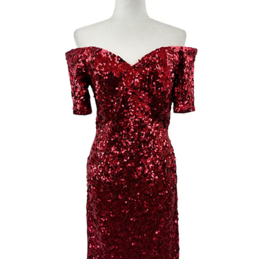 1980s Lillie Rubin Red Sequin Off-The-Shoulder Dress 