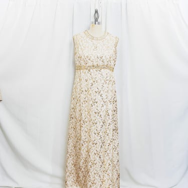 60s Gold Beaded Evening Brocade Gown Embroidered Sequin Silk Formal Dress Vintage 1960s Empire Waist Embellished Column Maxi Dress 