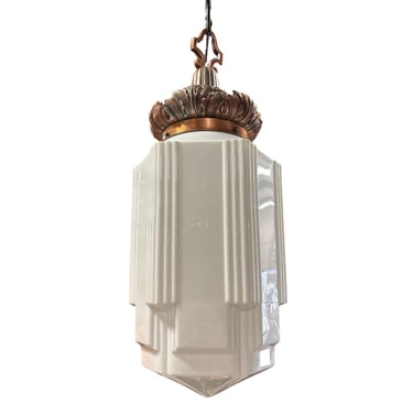 Art Deco Copper Acanthus Leaf Pendant Light w/ Skyscraper Milk Glass Shade 