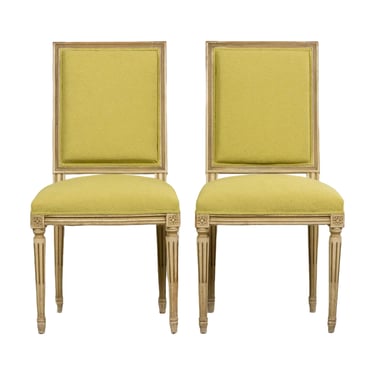 Antique French Louis XVI Painted Accent Side Chairs in Chartreuse Fabric - A Pair 
