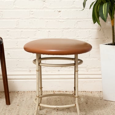 Vintage Bamboo-Style Metal Stool with Cognac Upholstered Seat