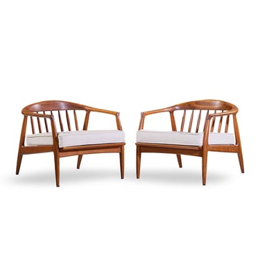 Milo Baughman for Thayer Coggin Mid Century Walnut Horseshoe Lounge Chairs - Pair - mcm 