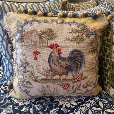 20&rdquo; Custom Needlepoint Pillow~ Rooster Chicken Tapestry~ Tassel Colorful Cording~ French Country Sofa Chair Decor~Yellow, Blue, Zipper back 