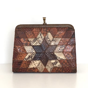 Vintage gorgeous snakeskin clutch bag, snakeskin purse,'starburst' design,chain strap,in browns gold and cream, suede lined, made in England 