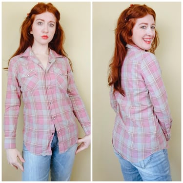 Y2K Vintage Simple Pink Plaid Western Shirt / Cotton Snap Blouse / Small - Medium 