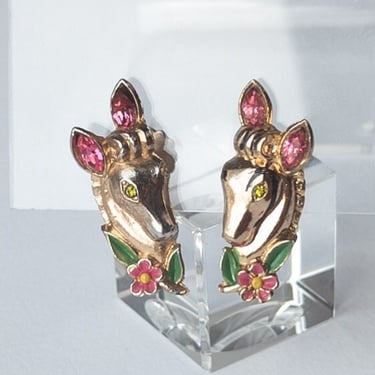 40s Victor the Horse CORO EARRINGS / Vintage 1940s Signed Gold Enamel Screwbacks 
