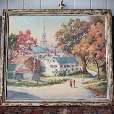 Vintage Oil on Canvas Painting of New England Village in the Fall Signed Wilson Framed 