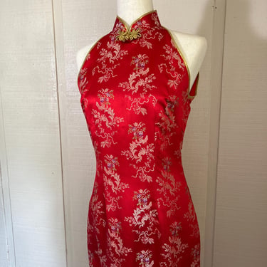 Vtg Red Chinoiserie Maxi Dress, Vintage Silk Feel Red Long Dress, Romantic Maxi Dress with Asian Accents 