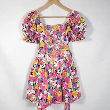 Vintage 80s Big Kid Bright Bold Floral Cotton Puff Sleeve Mini Dress Made In USA Size 8 